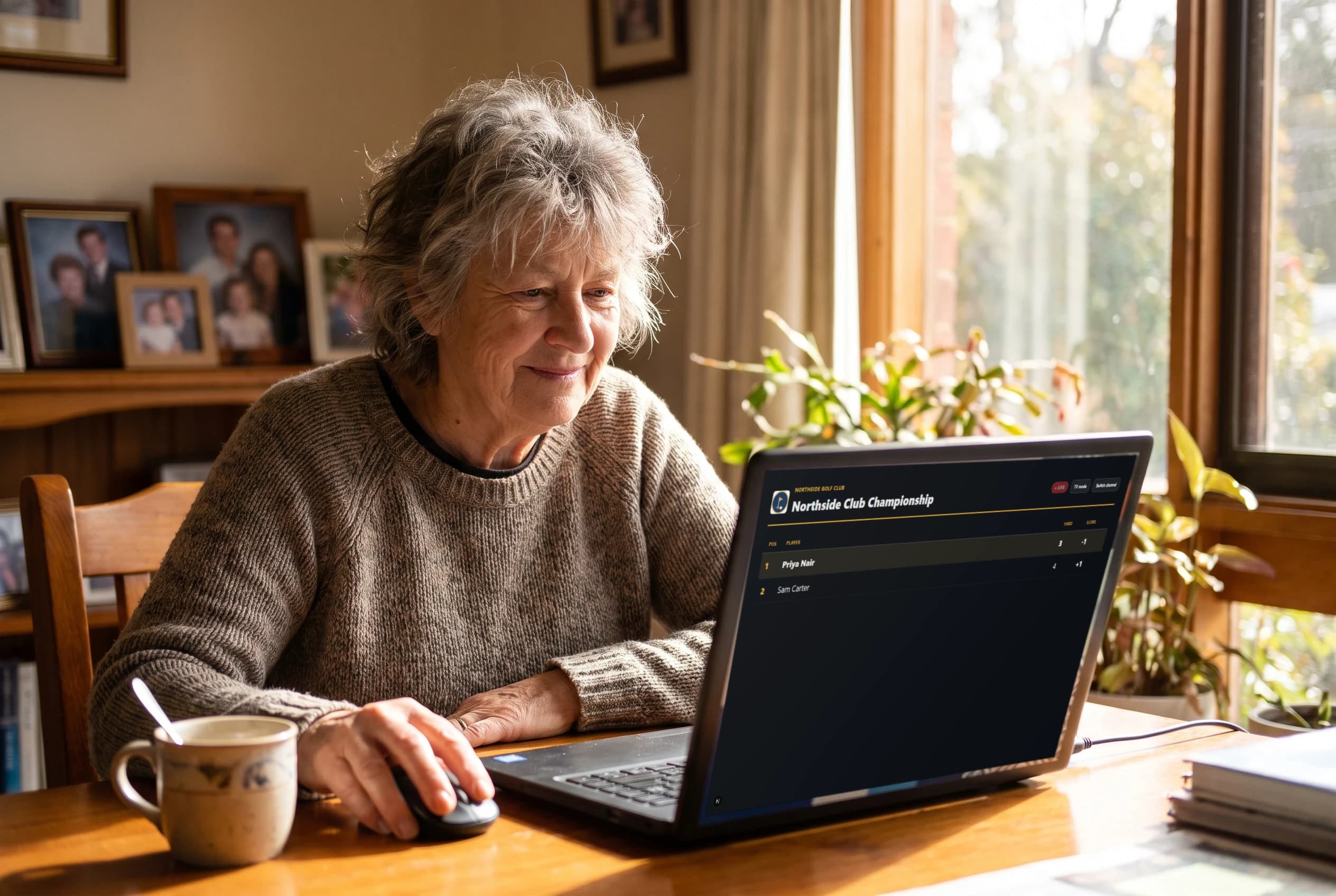 A family member following the live scoreboard from home on a laptop