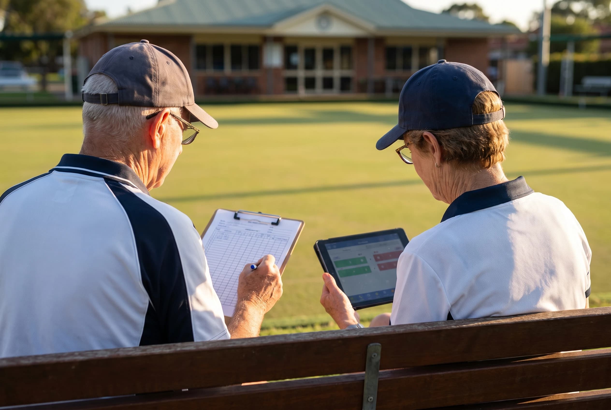 Two club volunteers checking a scorecard and a tablet courtside