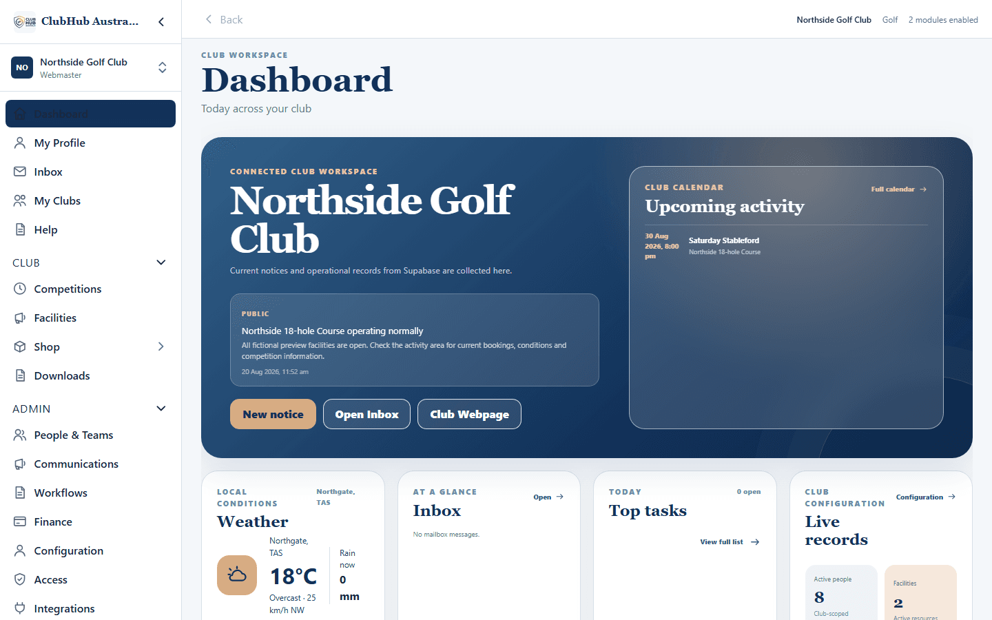 The ClubHub dashboard showing club notices and upcoming activity