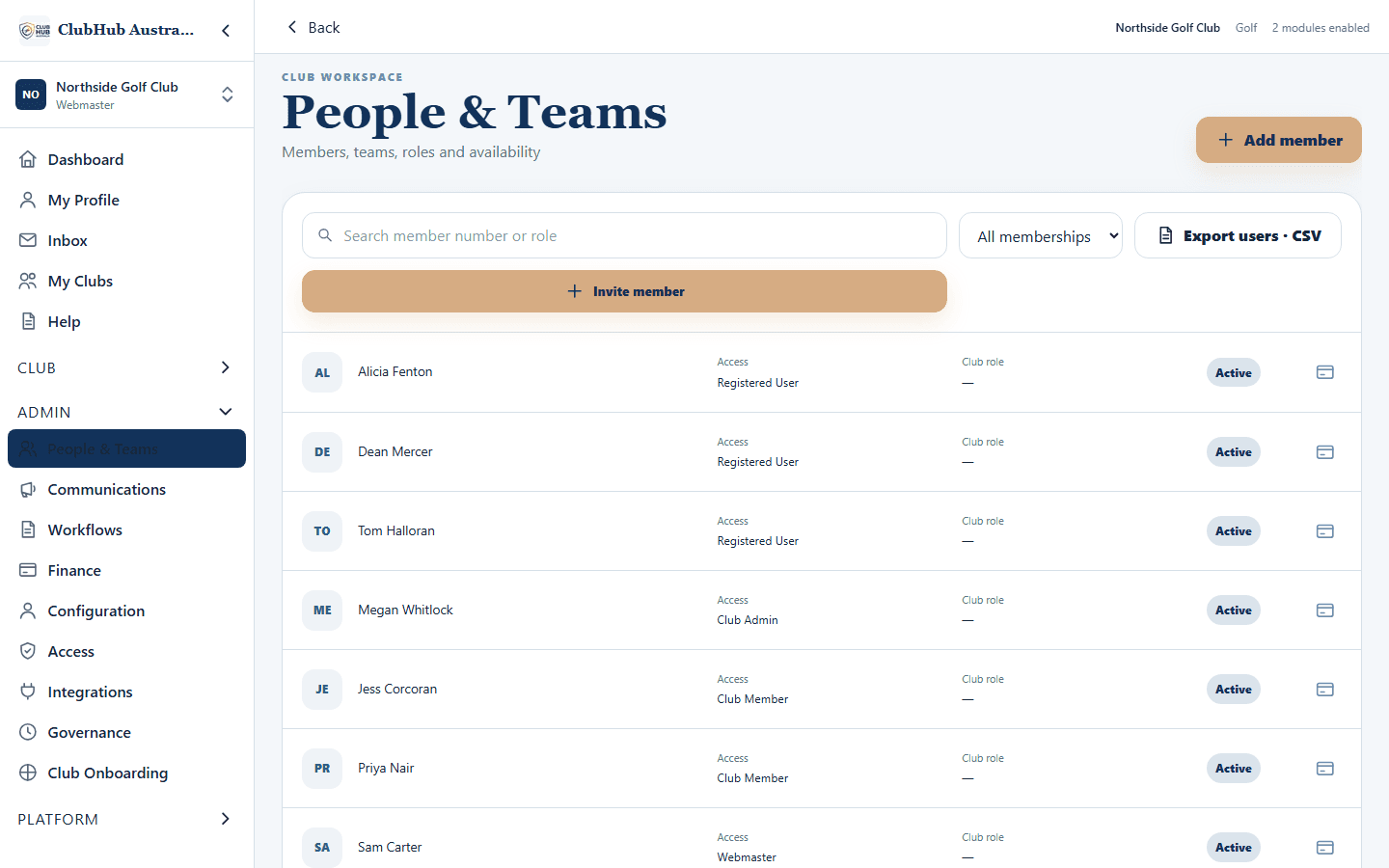 The People & Teams screen listing club members and their roles